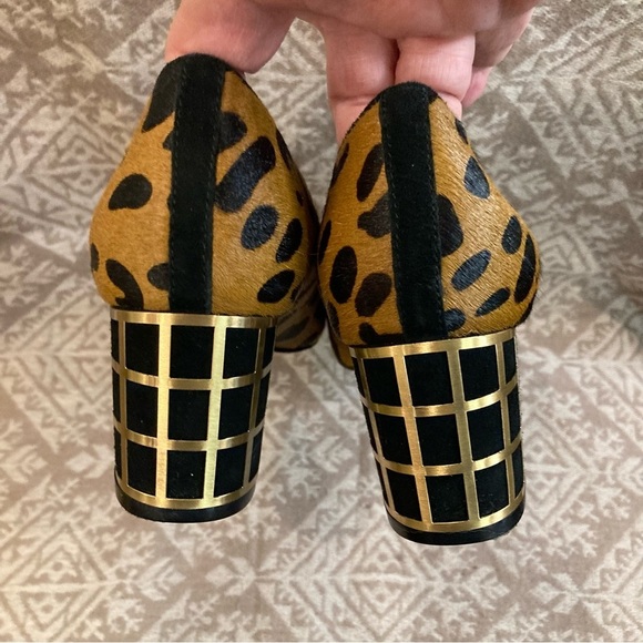 BRIAN ATWOOD Sz 6 Animal Print Pointy Toe Pony Hair Cage Chunky Heel Pumps Shoes - Picture 8 of 10